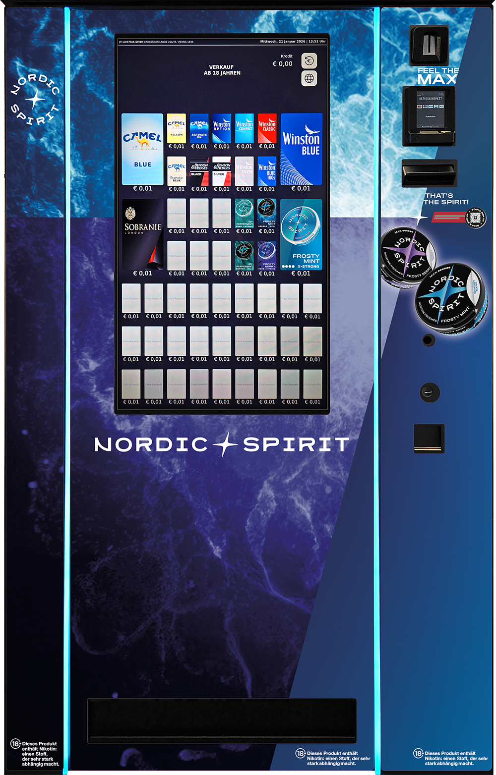 Großer Verkaufsautomat mit Touchscreen, Produktauswahl und Nordic-Spirit-Gestaltung in Blau- und Türkistönen.
