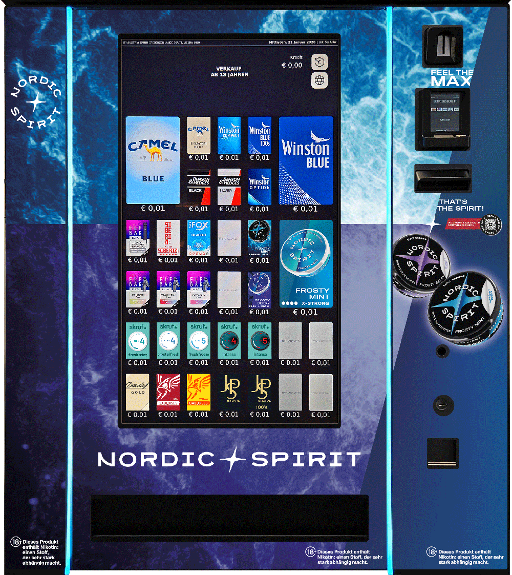 Kompakter Verkaufsautomat mit Touchscreen, Produktübersicht und Nordic-Spirit-Branding in blauem Design.