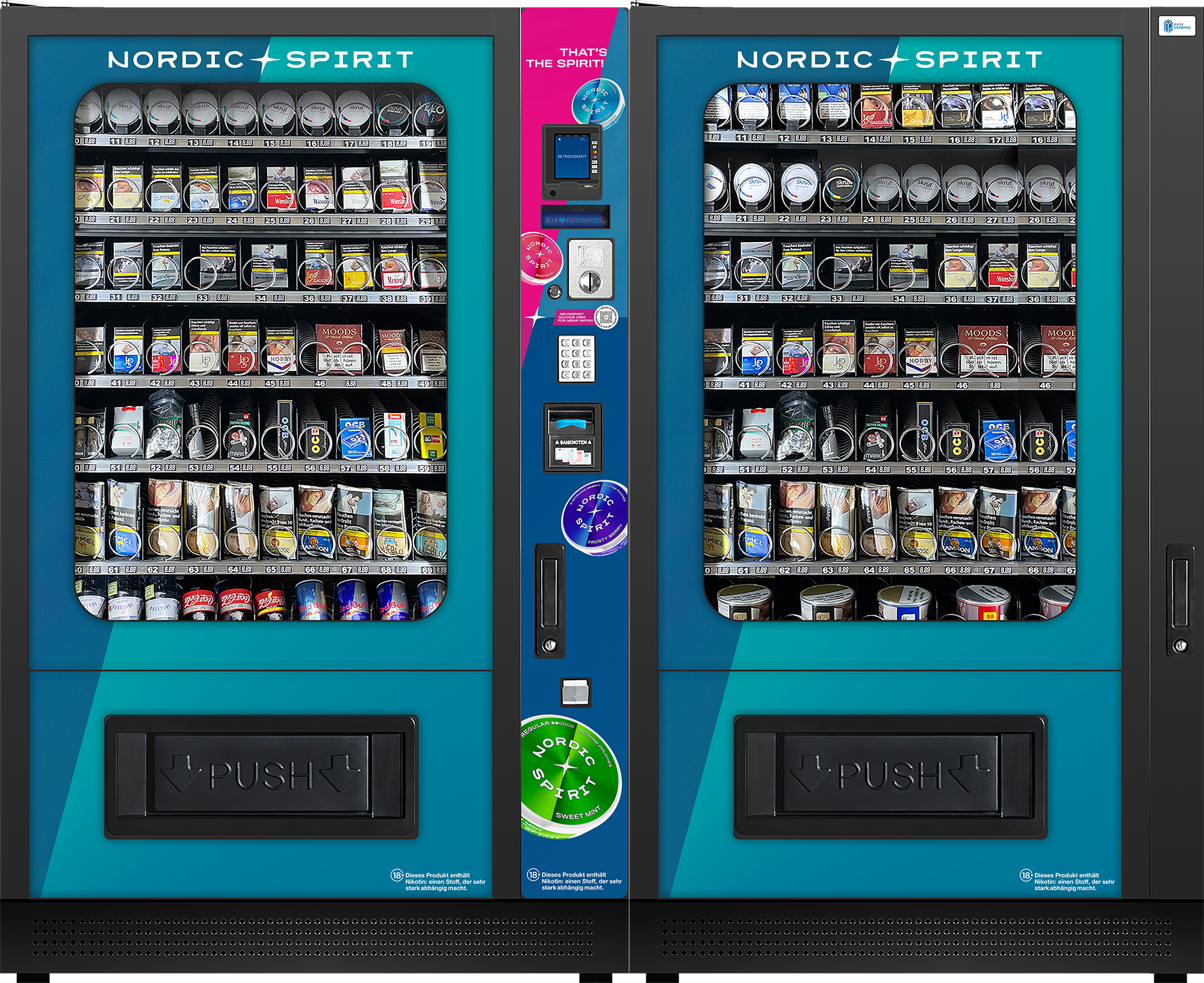 Doppelter Verkaufsautomat im Nordic-Spirit-Design mit zwei Produktbereichen, Bedienelementen und gemeinsamen Zahlungssystemen.